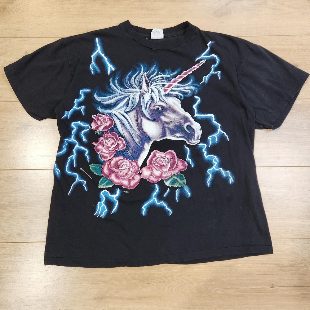 Vintage American Thunder Shirt Mens XL Black Unicorn Rose Lightning AOP 90s Y2K‎